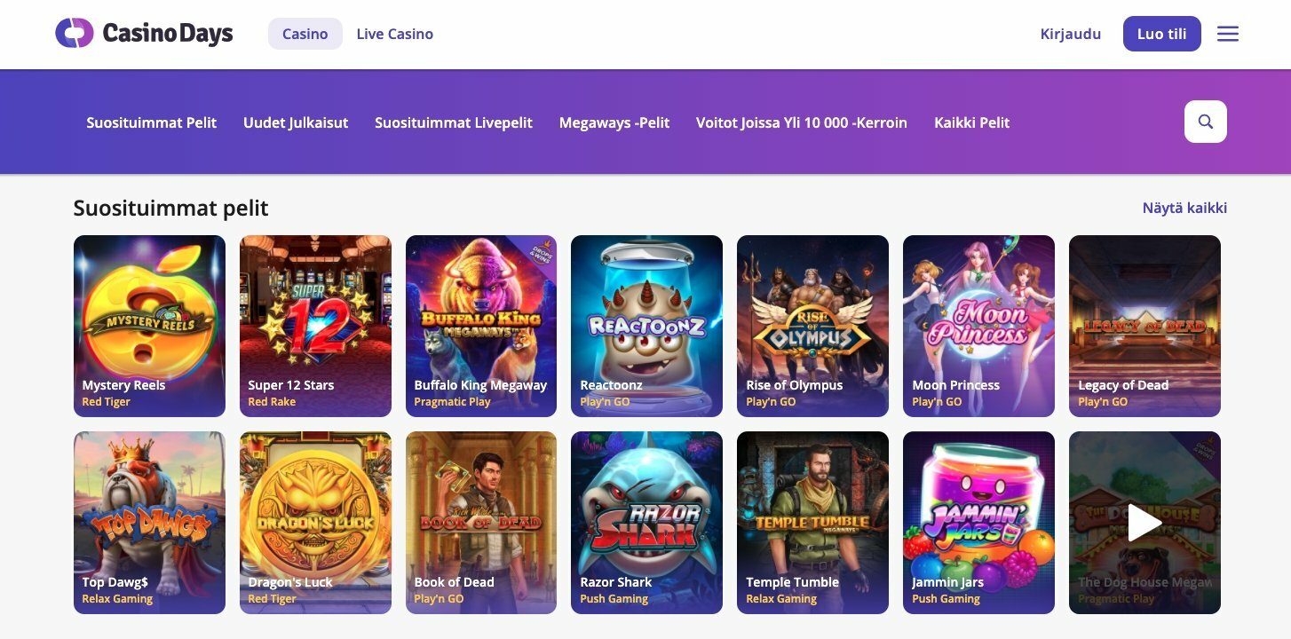 Pelivalikoimaa Casino Days pelivalikoimaa